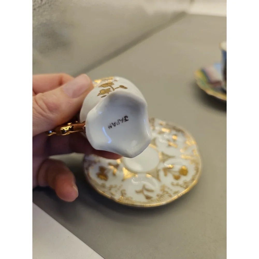 Vtg Souvenir Bone China Miniature Tea Cup &‎ Saucer, Gold on White Floral